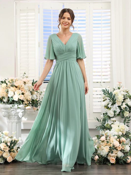 Wholesa A-Line V-Neck Half Sleeves Split Side Chiffon Bridesmaid Dresses With Pockets