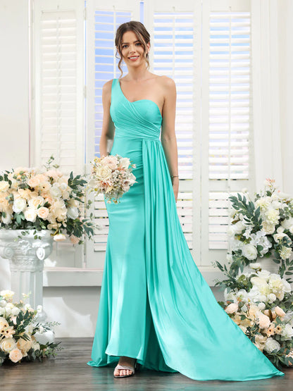 Wholesa Sheath/Column One-Shoulder Sleeveless Ruched Silk Satin Bridesmaid Dresses