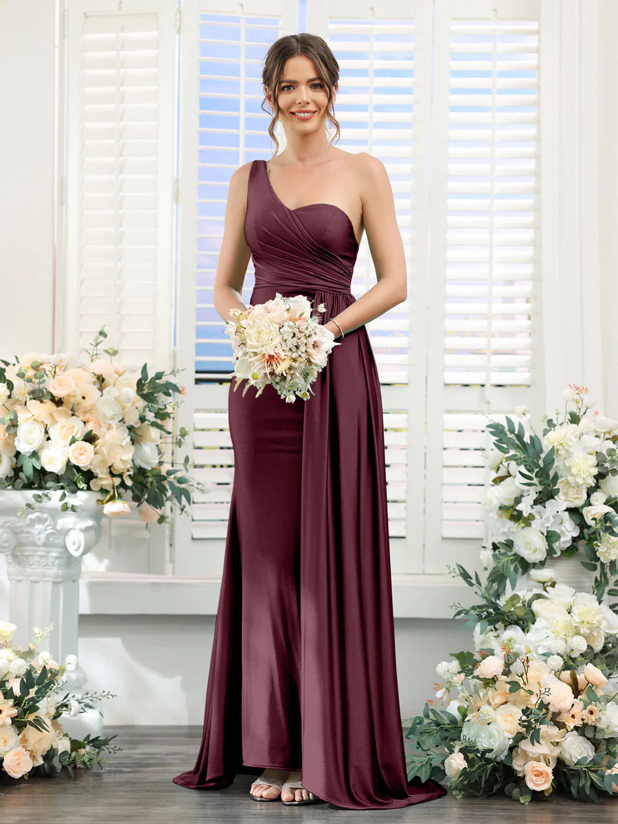 Wholesa Sheath/Column One-Shoulder Sleeveless Ruched Silk Satin Bridesmaid Dresses