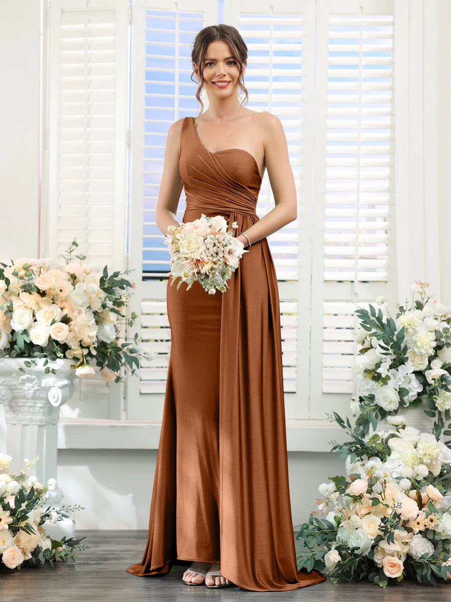 Wholesa Sheath/Column One-Shoulder Sleeveless Ruched Silk Satin Bridesmaid Dresses