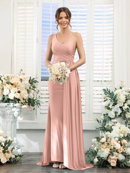 Wholesa Sheath/Column One-Shoulder Sleeveless Ruched Silk Satin Bridesmaid Dresses