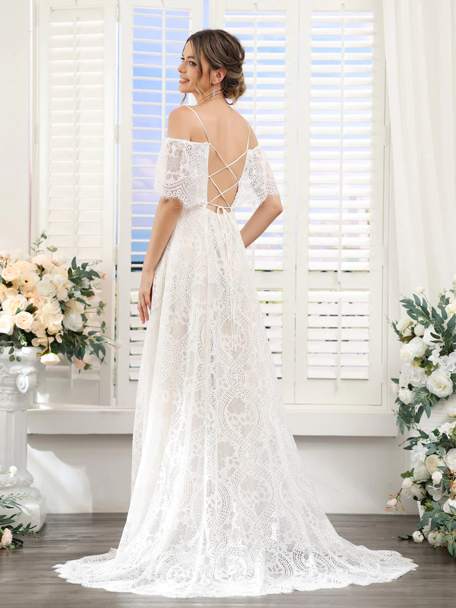 Wholesa A-Line Spaghetti Straps Short Sleeves Long Lace Wedding Dresses