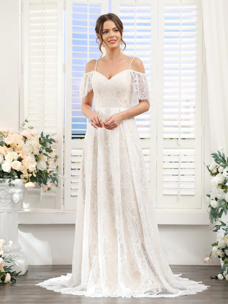 Wholesa A-Line Spaghetti Straps Short Sleeves Long Lace Wedding Dresses