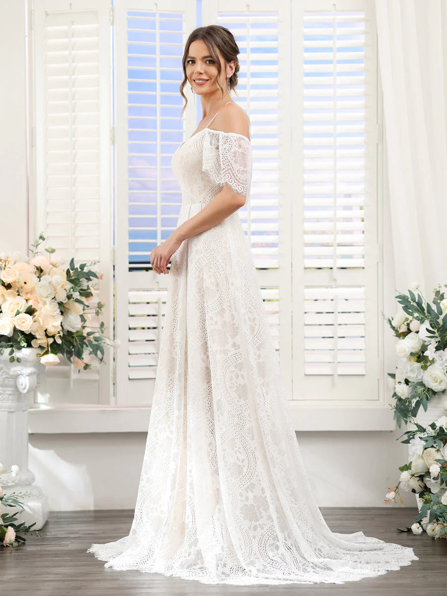 Wholesa A-Line Spaghetti Straps Short Sleeves Long Lace Wedding Dresses