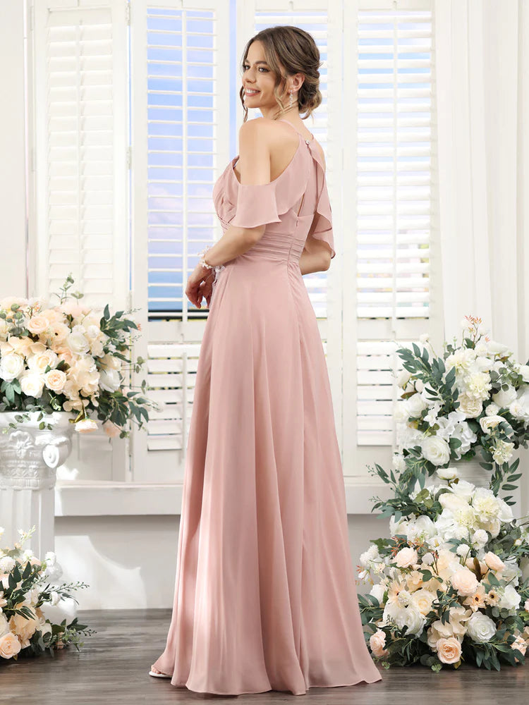 Wholesa A-Line V-Neck Spaghetti Straps Split Side Floor-Length Chiffon Bridesmaid Dresses