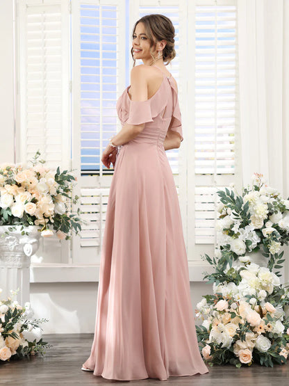 Wholesa A-Line V-Neck Spaghetti Straps Split Side Floor-Length Chiffon Bridesmaid Dresses