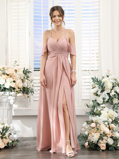 Wholesa A-Line V-Neck Spaghetti Straps Split Side Floor-Length Chiffon Bridesmaid Dresses