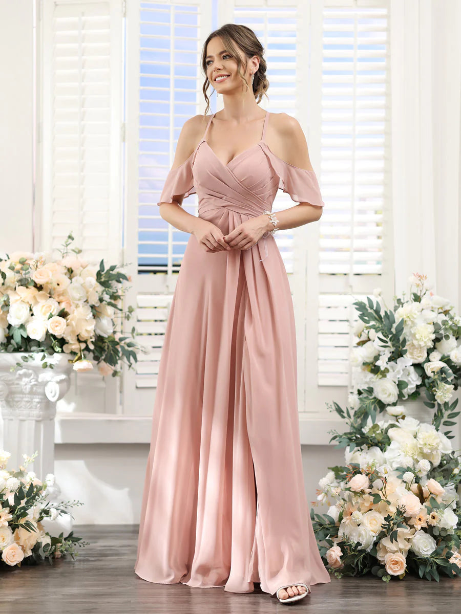 Wholesa A-Line V-Neck Spaghetti Straps Split Side Floor-Length Chiffon Bridesmaid Dresses