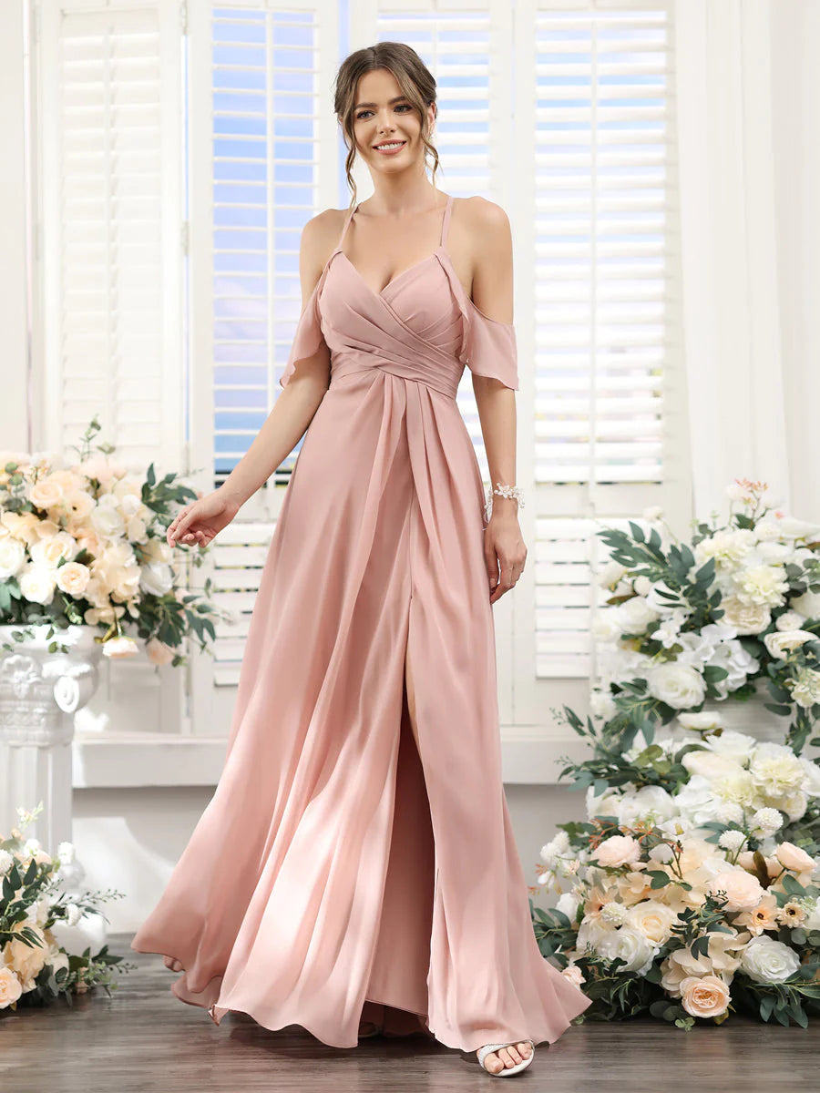 Wholesa A-Line V-Neck Spaghetti Straps Split Side Floor-Length Chiffon Bridesmaid Dresses