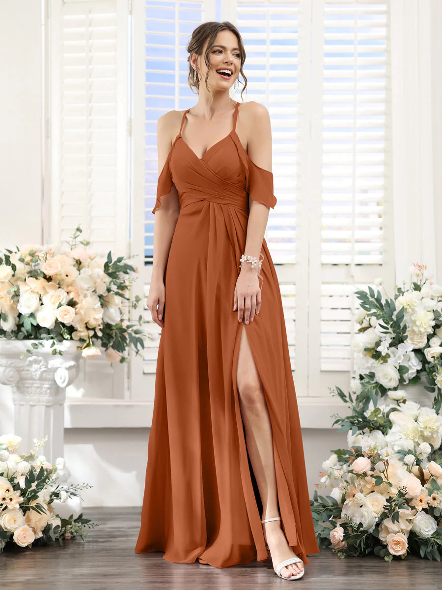 Wholesa A-Line V-Neck Spaghetti Straps Split Side Floor-Length Chiffon Bridesmaid Dresses