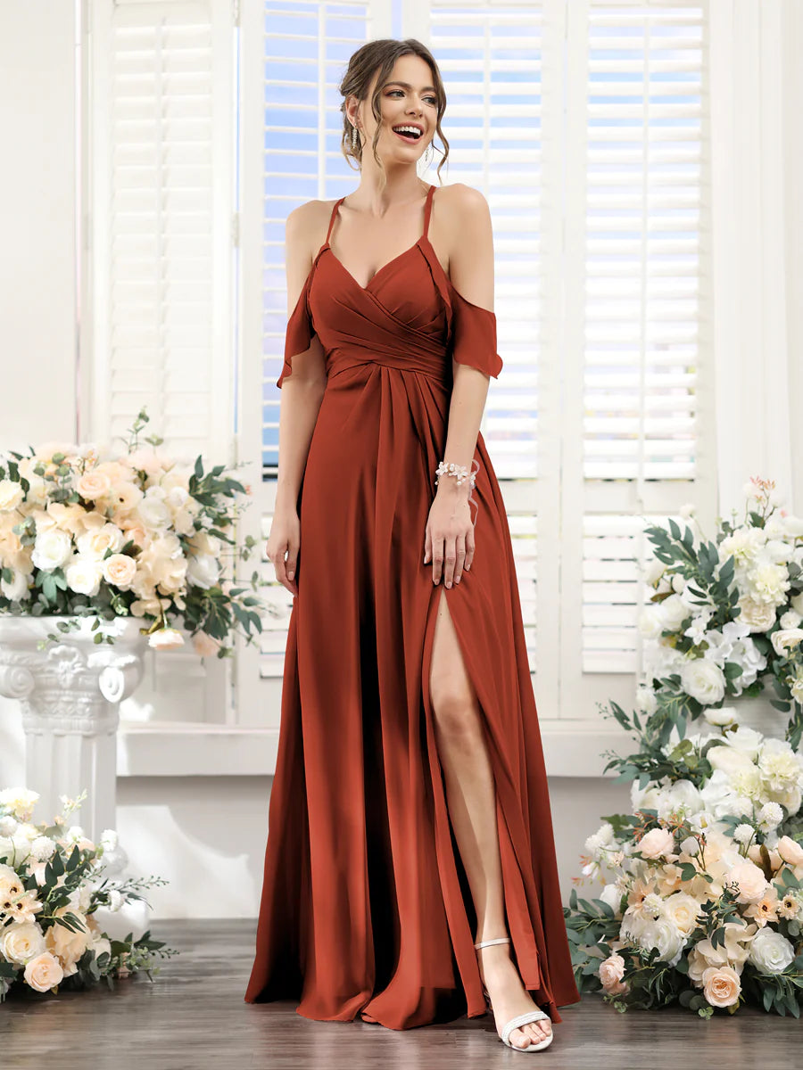 Wholesa A-Line V-Neck Spaghetti Straps Split Side Floor-Length Chiffon Bridesmaid Dresses