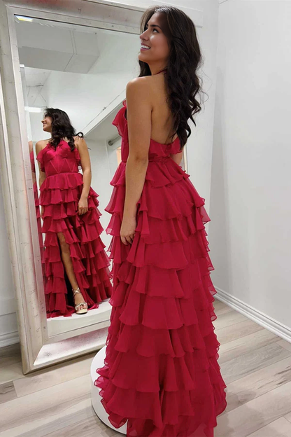 Wholesale Elegant Evening Dress Halter Keyhole Ruffle Tiered Prom Dress with Slit