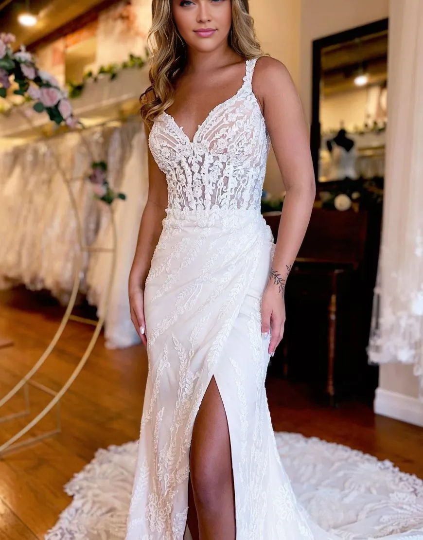 Wholesale Wedding Dress Mermaid Straps Court Train Lace With Split