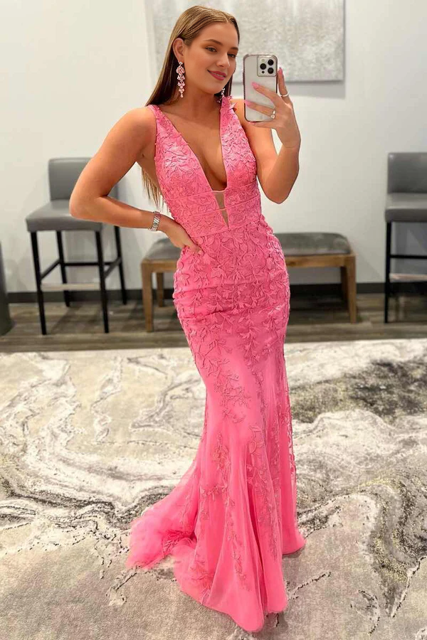 Wholesale Elegant Mermaid Evening Dress Plunge V Neck Lace Prom Dress