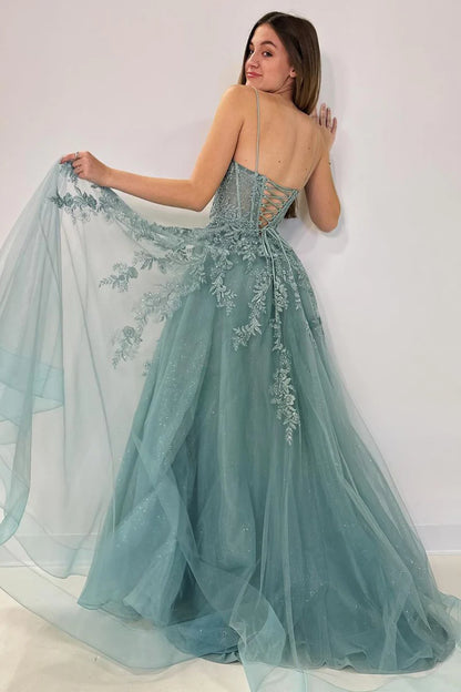 Wholesa Sweetheart Spaghetti Straps Tulle A-Line Long Prom Dresses with Appliques