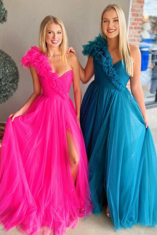 Wholesale Elegant A-Line One Shoulder Long Tulle Prom Dress with Ruffles