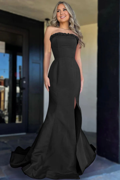 Wholesale Strapless Evening Dress Maganta Ruffle Mermaid Slit Long Prom Dress