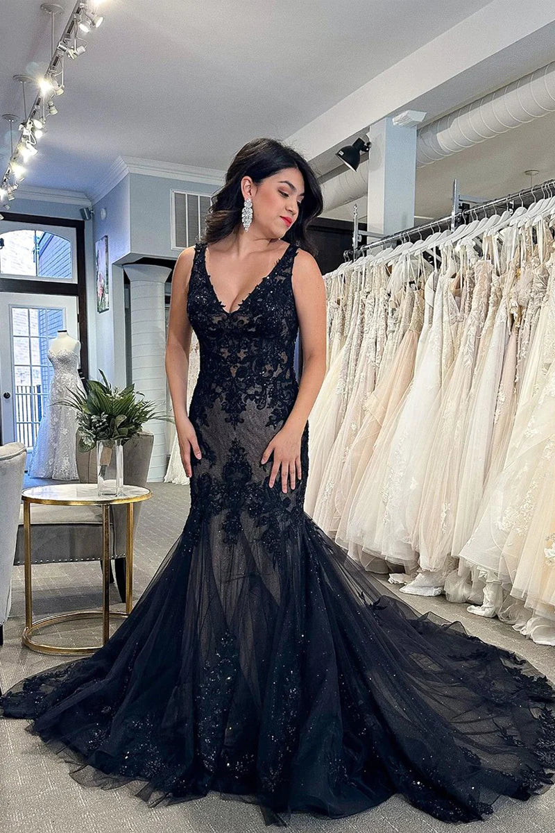 Wholesa Black V Neck Lace Appliques Mermaid Prom Dresses with Beading