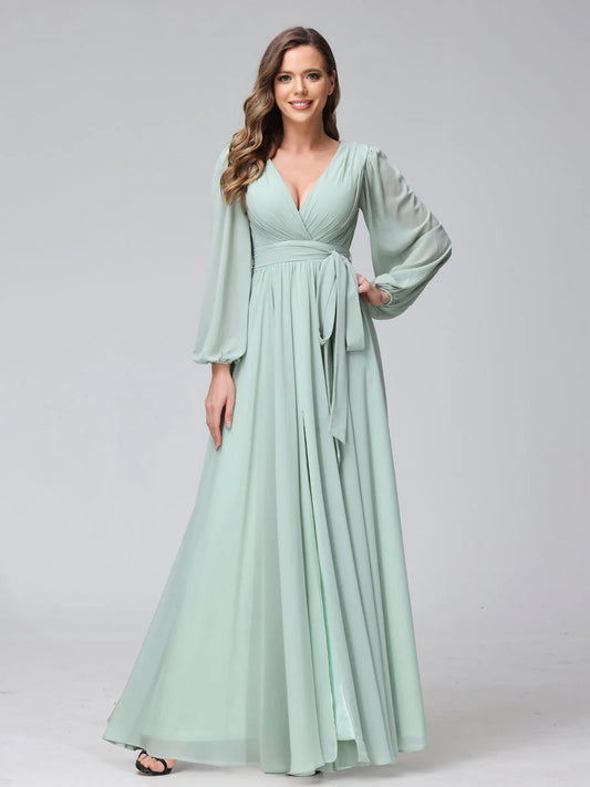 Wholesa A-Line V-Neck Long Sleeves Chiffon Long Bridesmaid Dresses With Ruffles Split Side