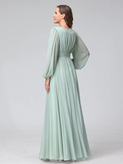 Wholesa A-Line V-Neck Long Sleeves Chiffon Long Bridesmaid Dresses With Ruffles Split Side