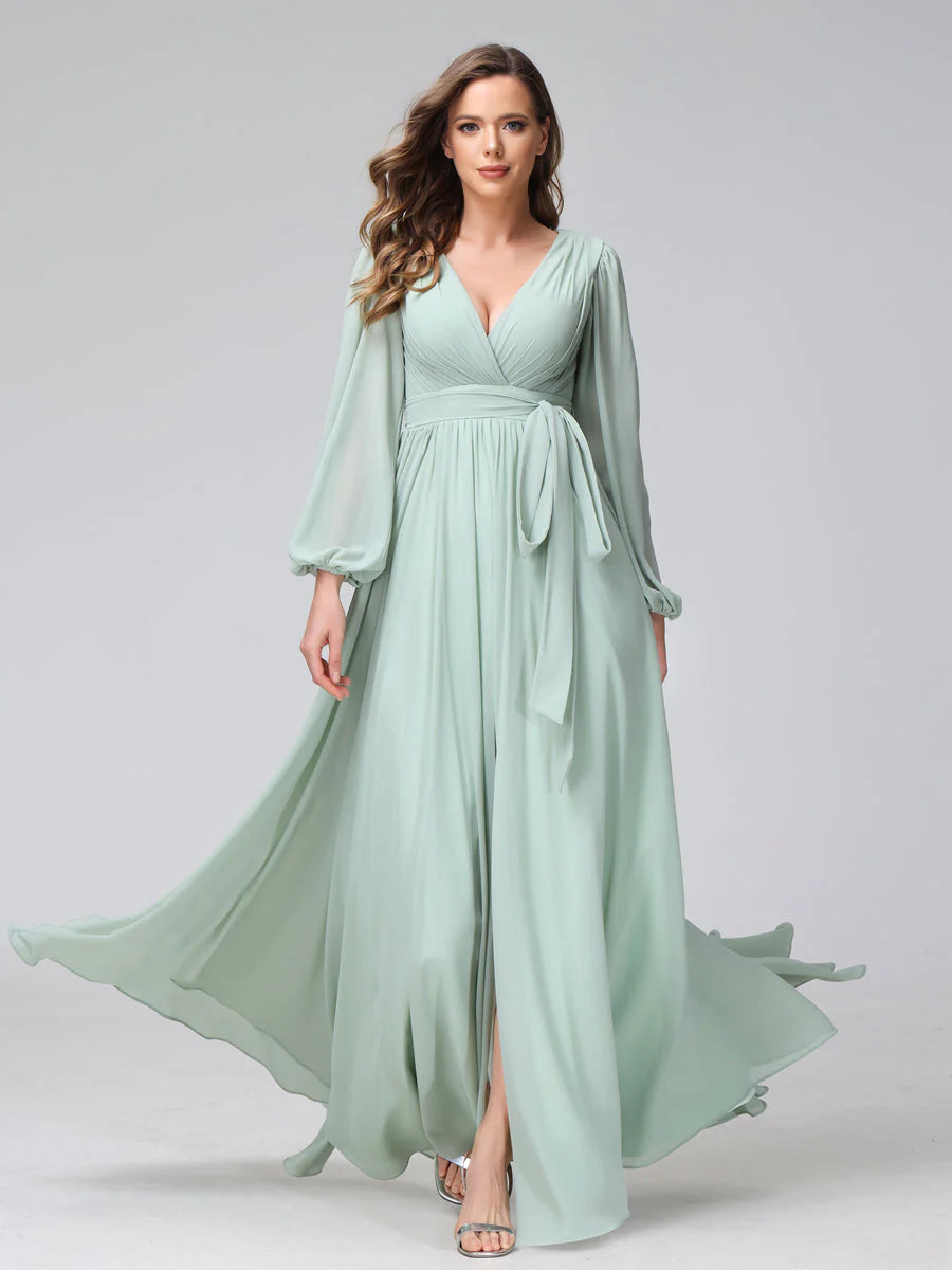 Wholesa A-Line V-Neck Long Sleeves Chiffon Long Bridesmaid Dresses With Ruffles Split Side