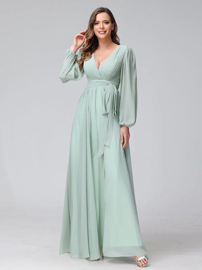 Wholesa A-Line V-Neck Long Sleeves Chiffon Long Bridesmaid Dresses With Ruffles Split Side