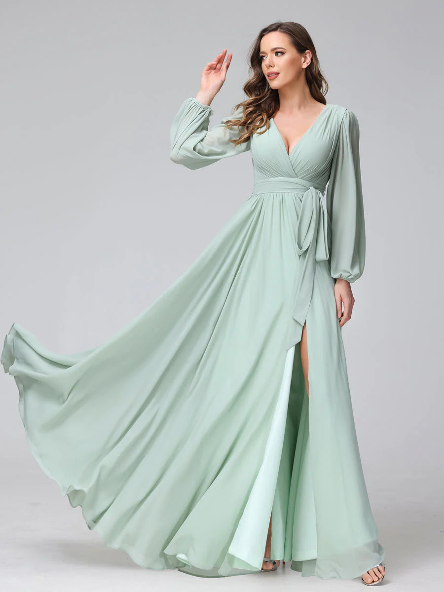 Wholesa A-Line V-Neck Long Sleeves Chiffon Long Bridesmaid Dresses With Ruffles Split Side