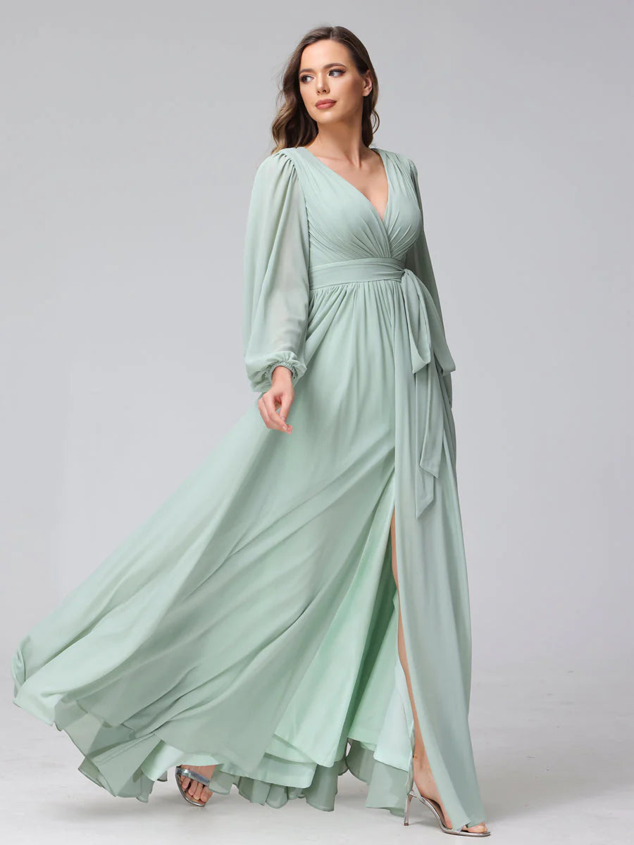 Wholesa A-Line V-Neck Long Sleeves Chiffon Long Bridesmaid Dresses With Ruffles Split Side