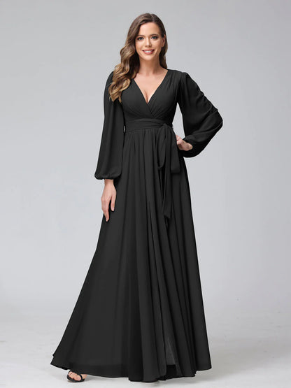 Wholesa A-Line V-Neck Long Sleeves Chiffon Long Bridesmaid Dresses With Ruffles Split Side