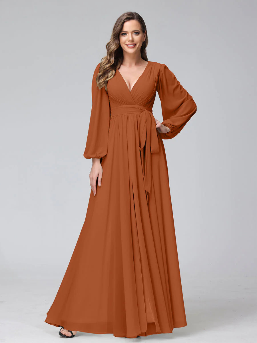 Wholesa A-Line V-Neck Long Sleeves Chiffon Long Bridesmaid Dresses With Ruffles Split Side