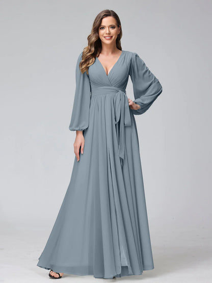 Wholesa A-Line V-Neck Long Sleeves Chiffon Long Bridesmaid Dresses With Ruffles Split Side