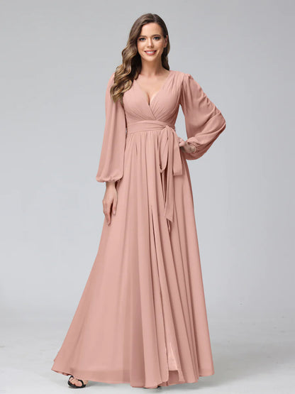 Wholesa A-Line V-Neck Long Sleeves Chiffon Long Bridesmaid Dresses With Ruffles Split Side