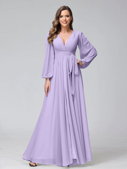 Wholesa A-Line V-Neck Long Sleeves Chiffon Long Bridesmaid Dresses With Ruffles Split Side