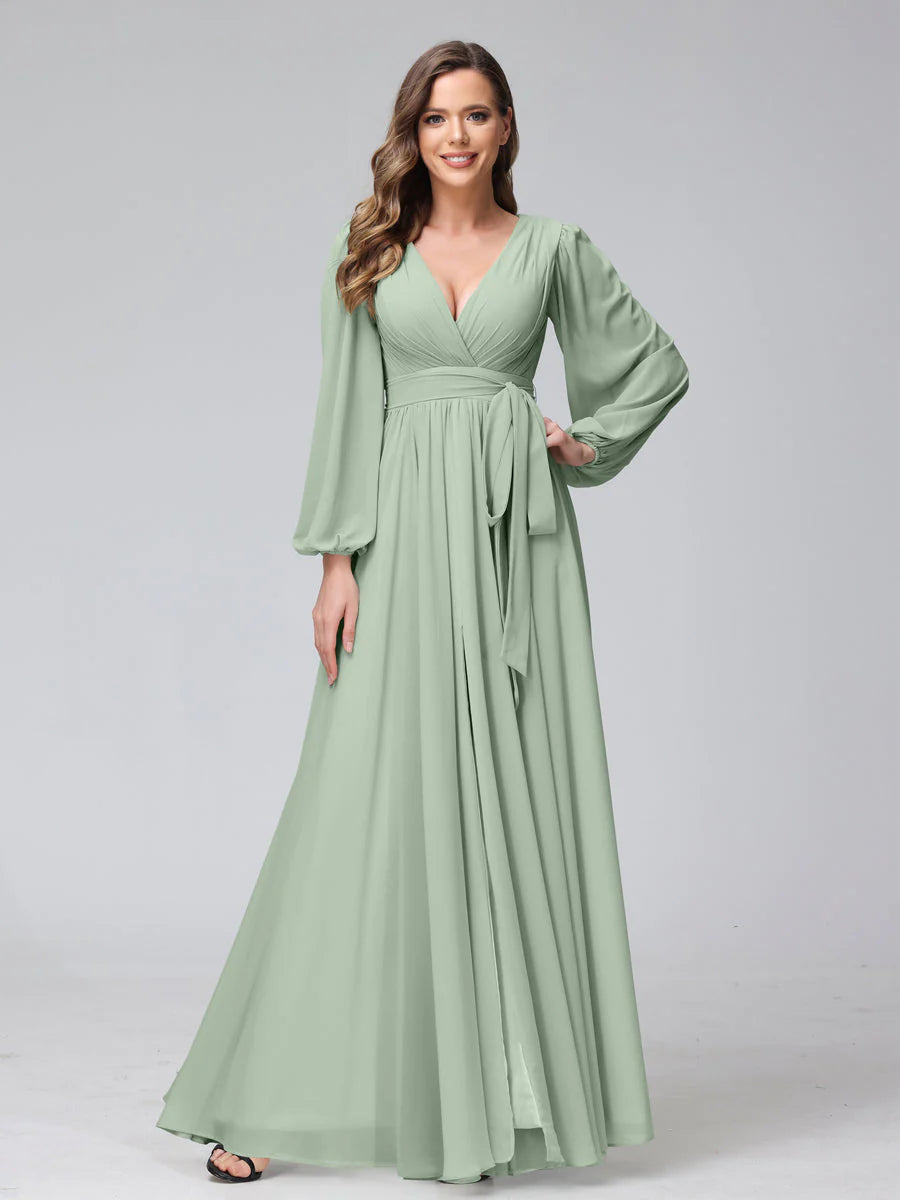 Wholesa A-Line V-Neck Long Sleeves Chiffon Long Bridesmaid Dresses With Ruffles Split Side