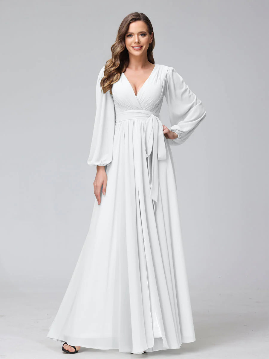 Wholesa A-Line V-Neck Long Sleeves Chiffon Long Bridesmaid Dresses With Ruffles Split Side