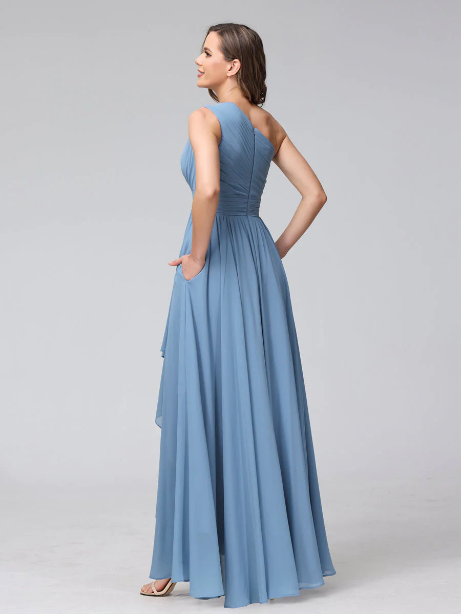 Wholesa A-Line One-Shoulder Sleeveless Chiffon High Low Bridesmaid Dresses With Pockets