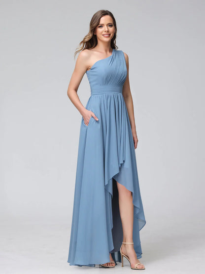 Wholesa A-Line One-Shoulder Sleeveless Chiffon High Low Bridesmaid Dresses With Pockets