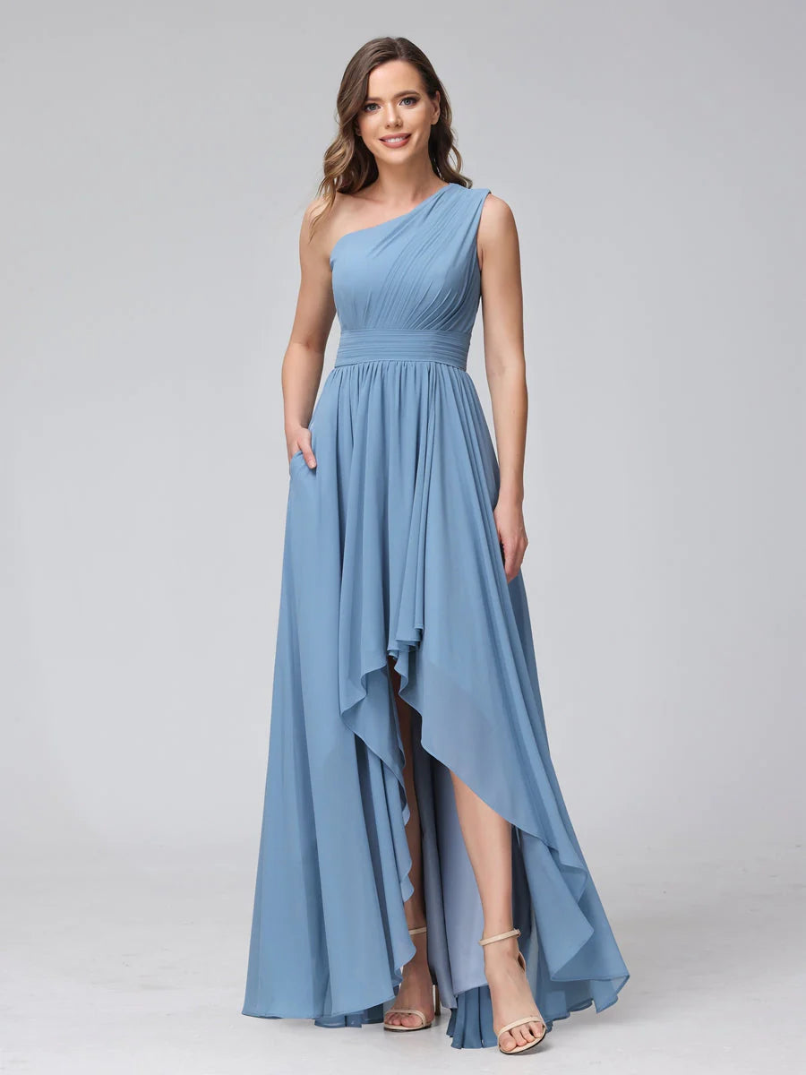 Wholesa A-Line One-Shoulder Sleeveless Chiffon High Low Bridesmaid Dresses With Pockets