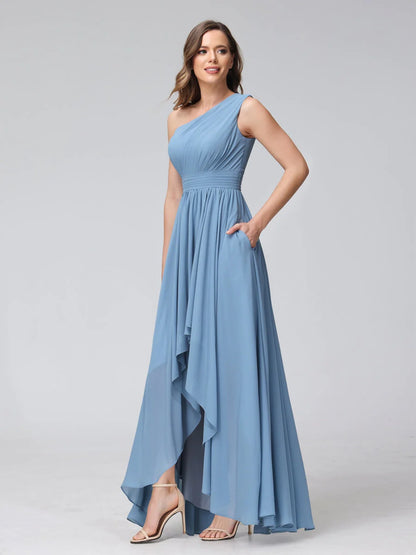 Wholesa A-Line One-Shoulder Sleeveless Chiffon High Low Bridesmaid Dresses With Pockets