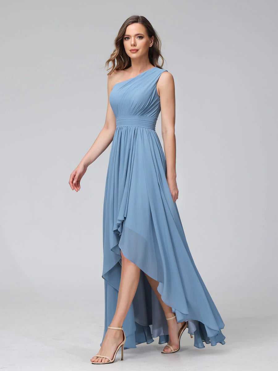 Wholesa A-Line One-Shoulder Sleeveless Chiffon High Low Bridesmaid Dresses With Pockets