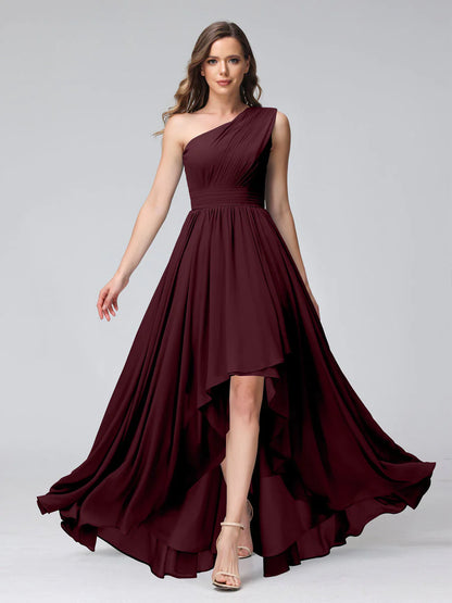 Wholesa A-Line One-Shoulder Sleeveless Chiffon High Low Bridesmaid Dresses With Pockets