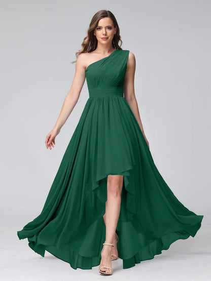 Wholesa A-Line One-Shoulder Sleeveless Chiffon High Low Bridesmaid Dresses With Pockets