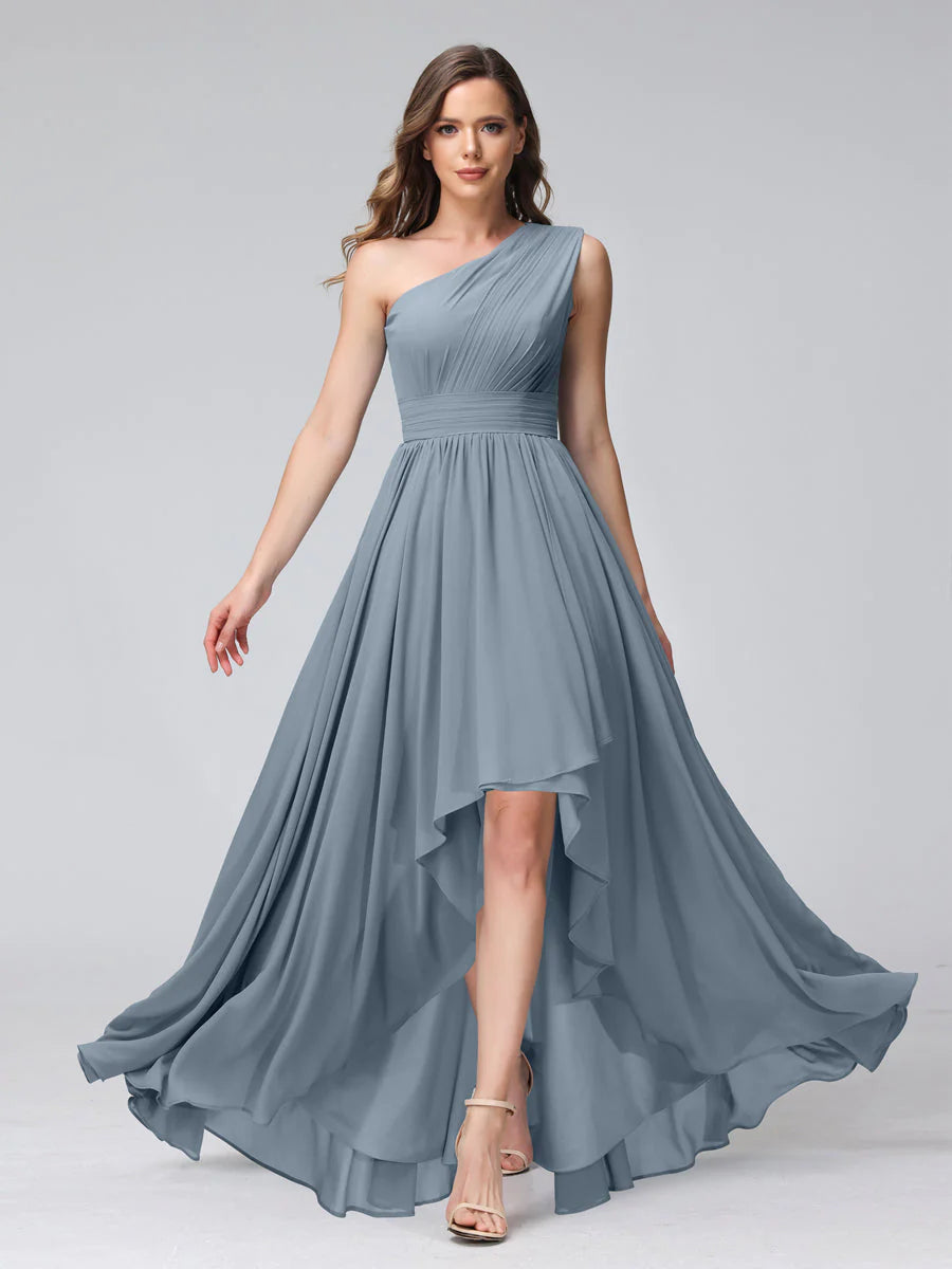 Wholesa A-Line One-Shoulder Sleeveless Chiffon High Low Bridesmaid Dresses With Pockets