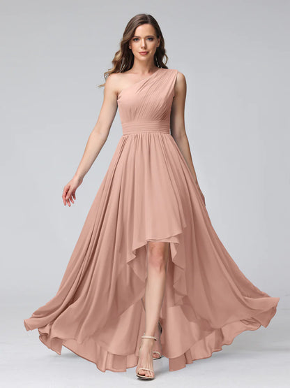 Wholesa A-Line One-Shoulder Sleeveless Chiffon High Low Bridesmaid Dresses With Pockets