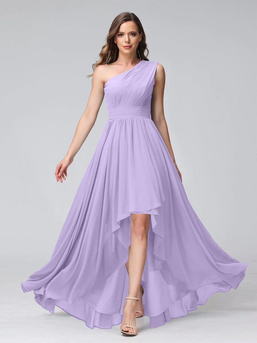 Wholesa A-Line One-Shoulder Sleeveless Chiffon High Low Bridesmaid Dresses With Pockets