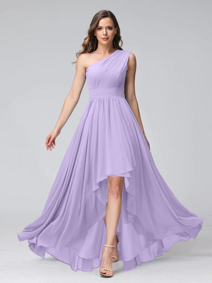 Wholesa A-Line One-Shoulder Sleeveless Chiffon High Low Bridesmaid Dresses With Pockets