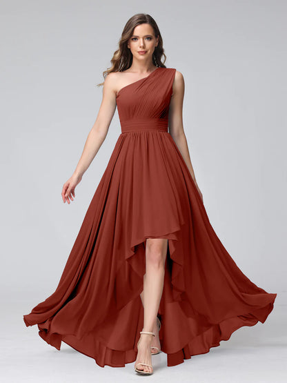 Wholesa A-Line One-Shoulder Sleeveless Chiffon High Low Bridesmaid Dresses With Pockets