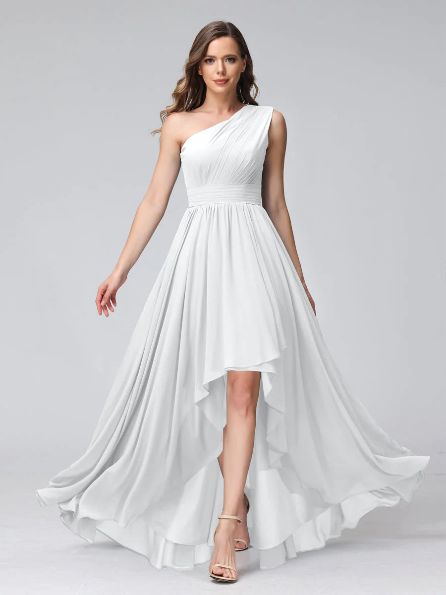 Wholesa A-Line One-Shoulder Sleeveless Chiffon High Low Bridesmaid Dresses With Pockets