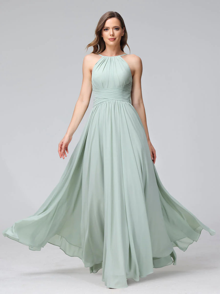 Wholesa A-Line Halter Sleeveless Ruched Floor-Length Chiffon Bridesmaid Dresses