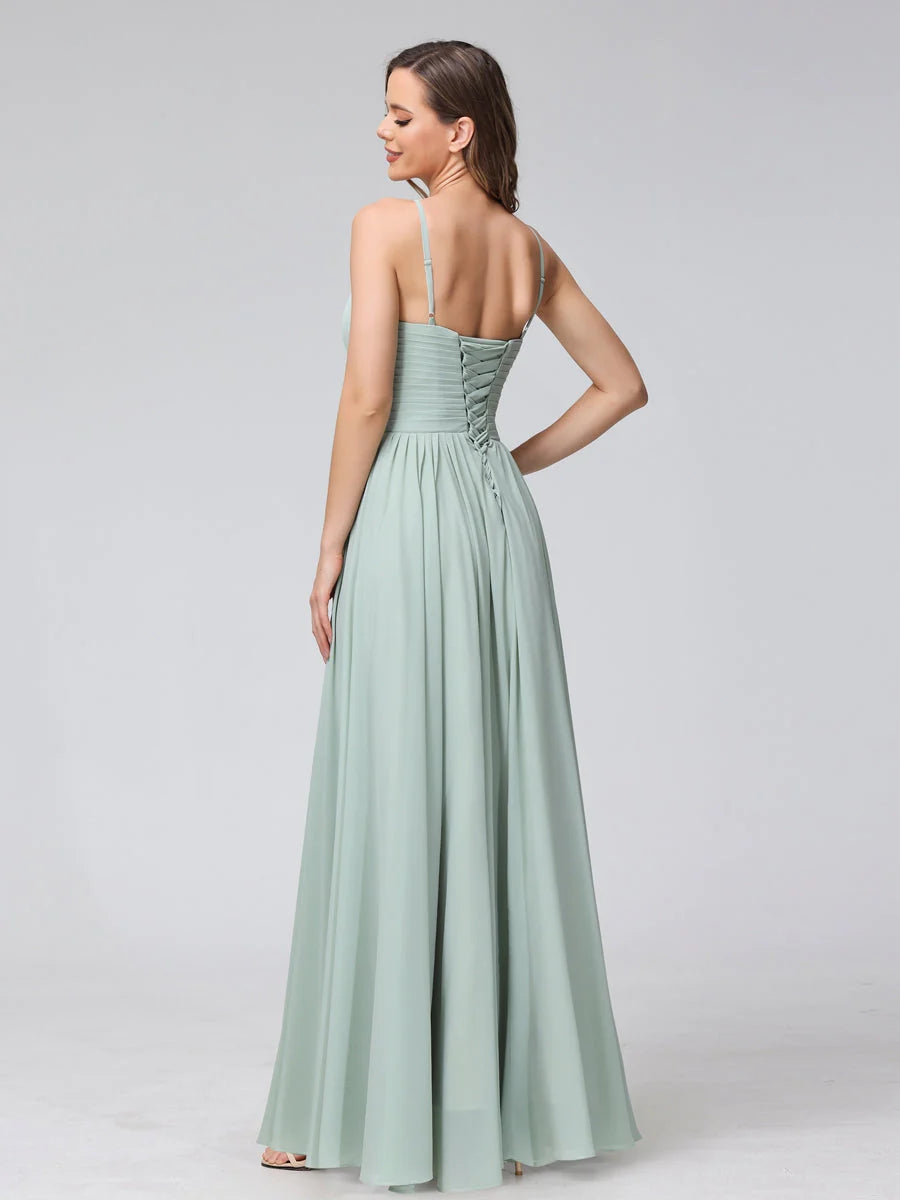 Wholesa A-Line Halter Sleeveless Ruched Floor-Length Chiffon Bridesmaid Dresses